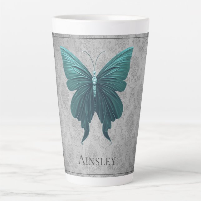 Taza De Café Latte Mariposa verde azulada (Anverso)