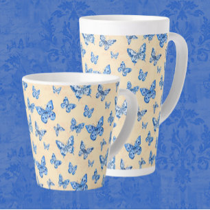 Taza De Café Latte Mariposas azules retro Chinoiserie Rubor Ivory