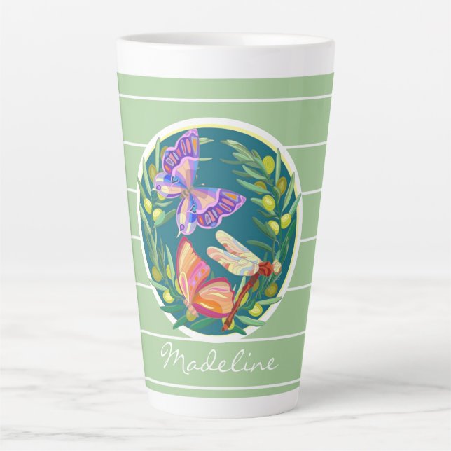 Taza De Café Latte Mariposas coloridas en verde, personalizadas (Anverso)