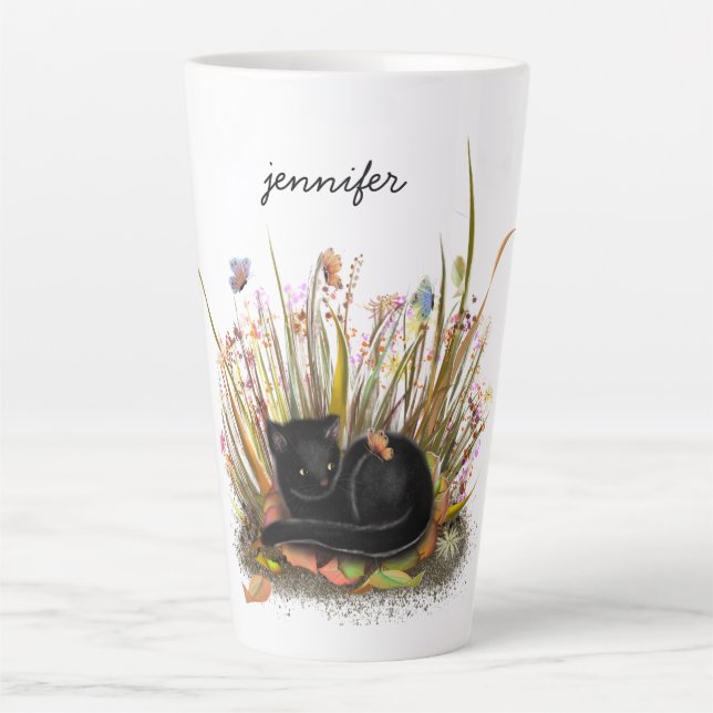 Taza De Café Latte Mariposas de gato negro lata (Anverso)