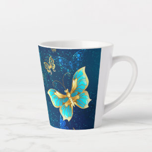 Taza De Café Latte Mariposas doradas sobre fondo azul
