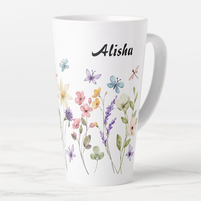 Taza De Café Latte Mariposas elegantes de flores silvestres (Ángulo derecho)