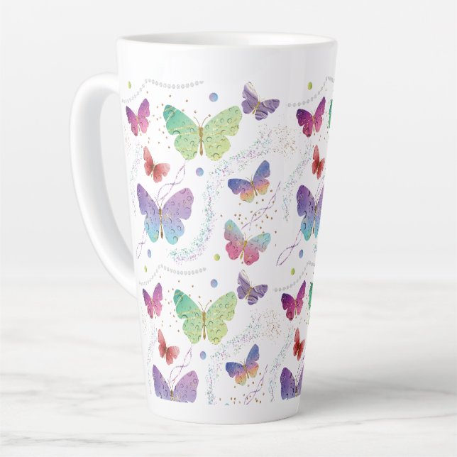 Taza De Café Latte Mariposas elegantes violeta y azul brillante (Ángulo izquierdo)