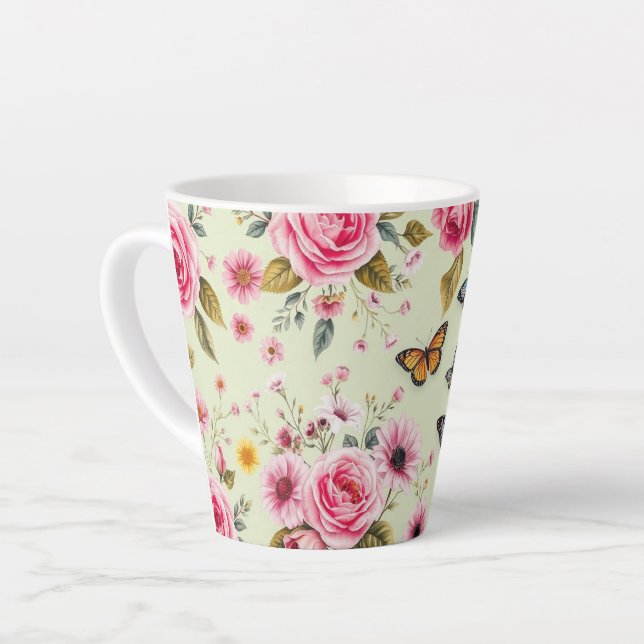 Taza De Café Latte Mariposas Y Flores (Ángulo izquierdo)