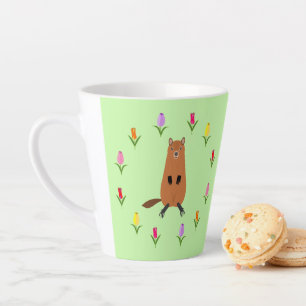 Taza De Café Latte Marmota Adorable y Flores de Tulipán