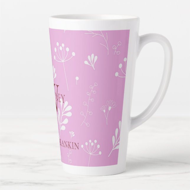 Taza De Café Latte Marrón claro personalizado con flores blancas (Derecha)