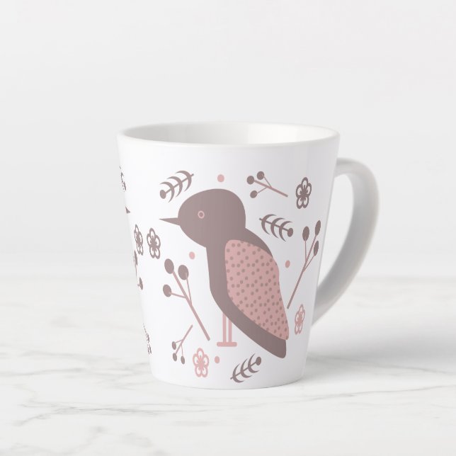 Taza De Café Latte Marrón pájaro marrón rosa bruta floral (Ángulo derecho)