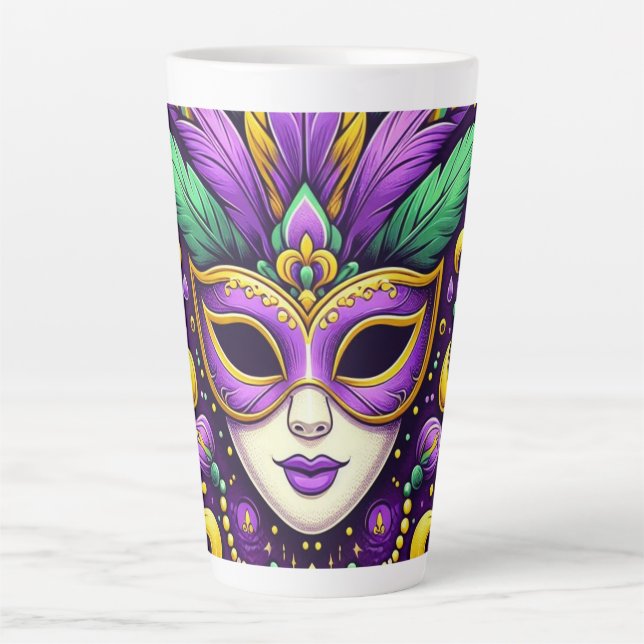 Taza De Café Latte Máscara/cuentas de Mardi Gras/fleur de lis (Anverso)