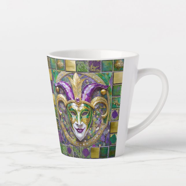 Taza De Café Latte Máscara de Jester Mardi Gras verde dorado (Derecha)
