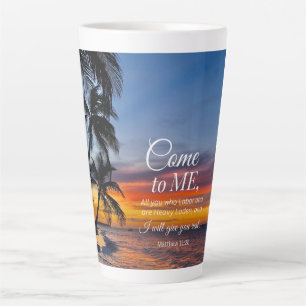 Taza De Café Latte Mateo 11:28 Biblia Verse Palm Trees Sunset