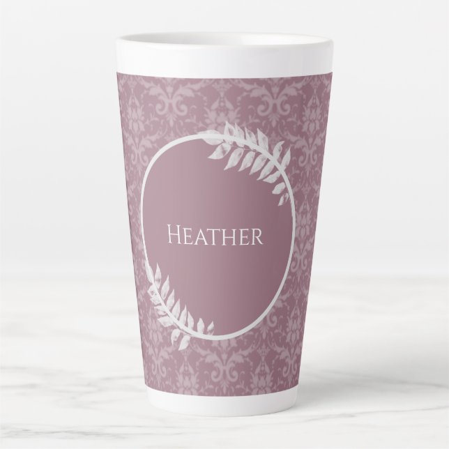 Taza De Café Latte Mauve Elegant Damask Personalizado Latte Mug (Anverso)
