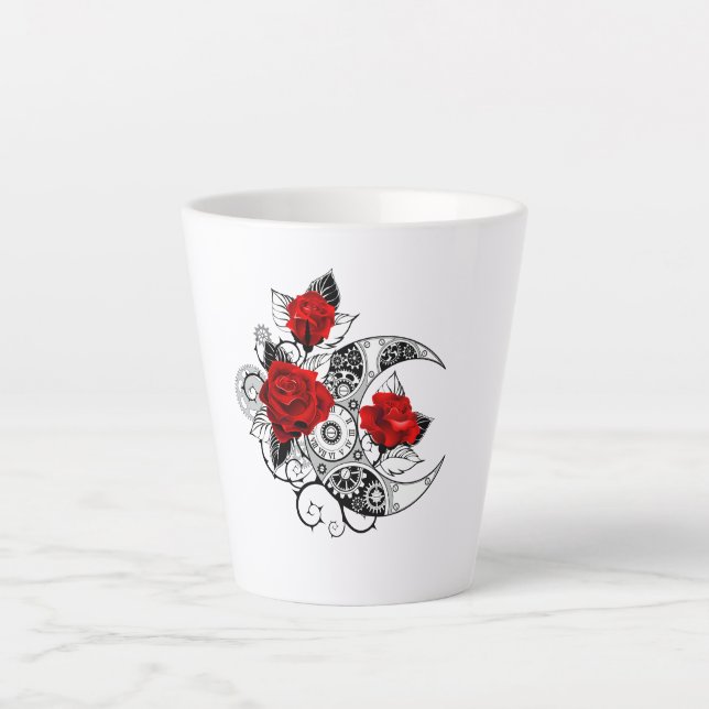 Taza De Café Latte Media luna mecánica con rosas rojas (Anverso)