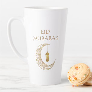 Taza De Café Latte Medialuna y linterna doradas Eid Mubarak islámico