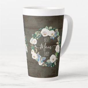 Taza De Café Latte Mejor Mamá Siempre Rústica Floral Blanca Madera de