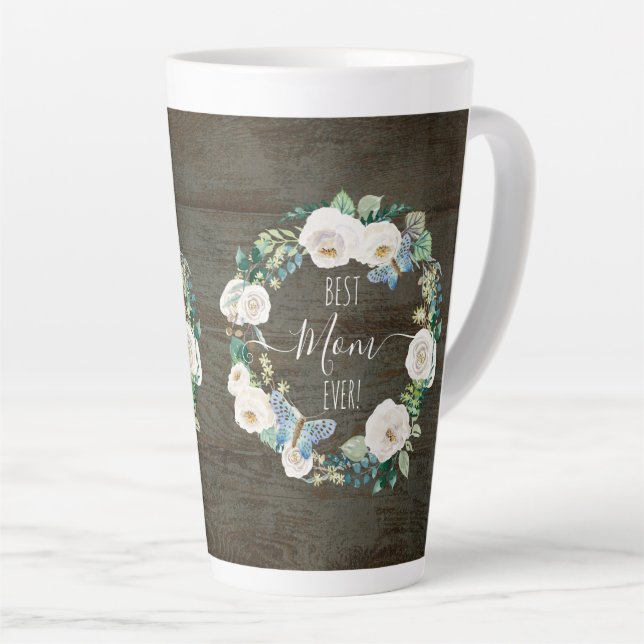 Taza De Café Latte Mejor Mamá Siempre Rústica Floral Blanca Madera de (Ángulo derecho)