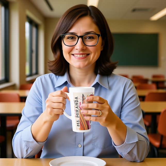 Taza De Café Latte Mejor profesor de todos los nombres personalizados (Best Teacher Ever custom Name apples/pens Latte Mug)