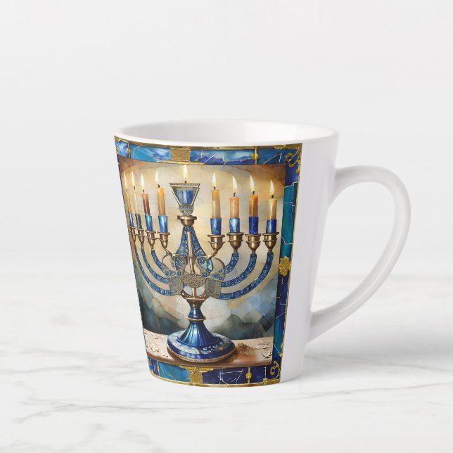 Taza De Café Latte Menorá de Janucá Azul (Derecha)