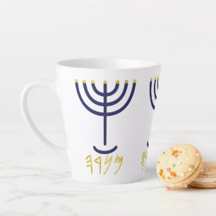 Taza De Café Latte Menorah Paleo Hebreo Azul Oro