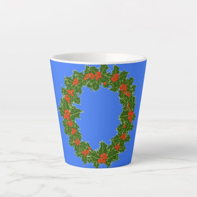 Taza De Café Latte Merry Red Berry y Holly Wreath para Navidades (Anverso)