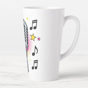 Taza De Café Latte Micrófono pop con estrellas coloridas y notas musi
