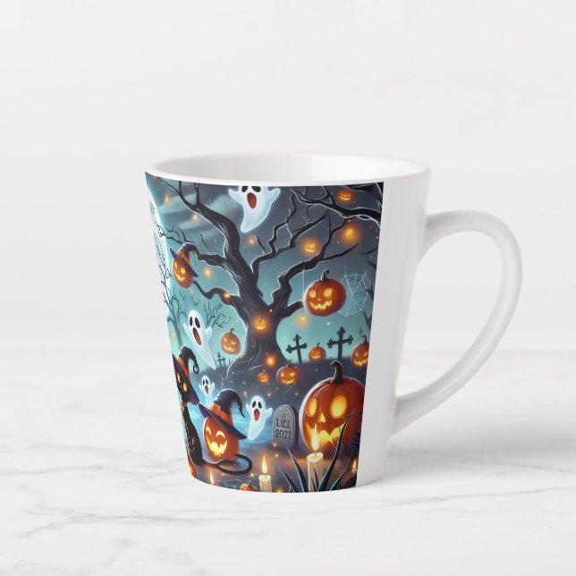 Taza De Café Latte Midnight Magic: Black Cats & Pumpkins Halloween  (Derecha)