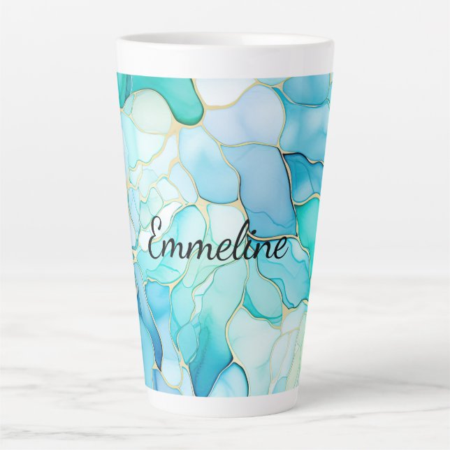Taza De Café Latte Mint Aqua Pearl Gold Marble (Anverso)
