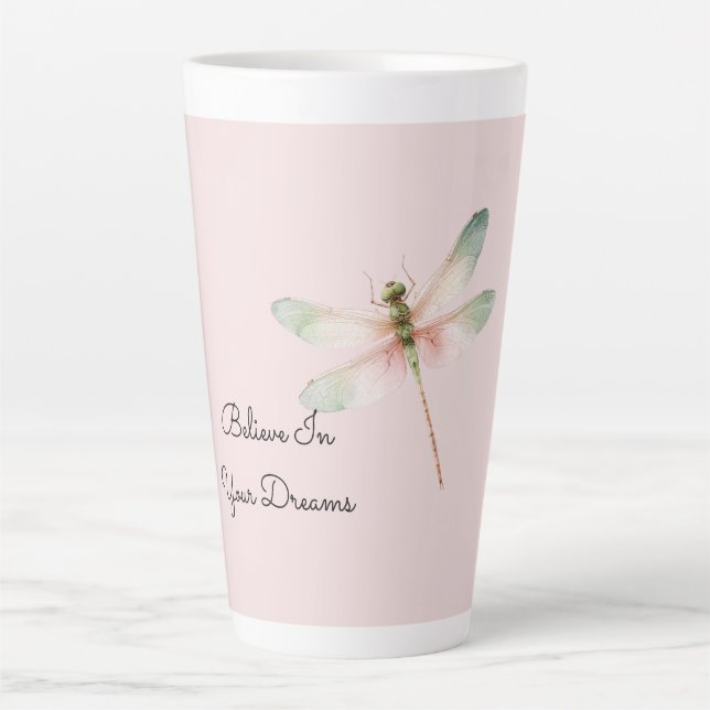 Taza De Café Latte Mint White Pink Dragonfly (Anverso)