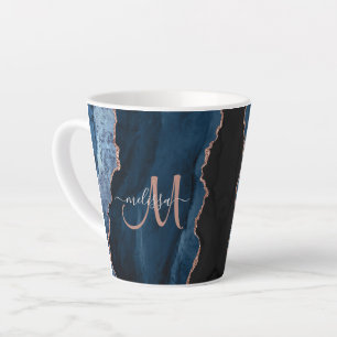 Taza De Café Latte Moda Azul Rosa Oro Agate Personalizado Script Mono
