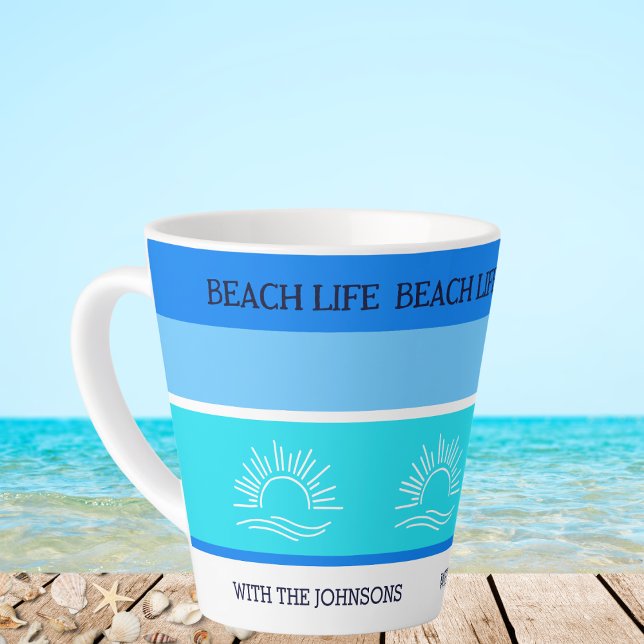 Taza De Café Latte Moda Blue Stripes Family Name Beach House (Subido por el creador)