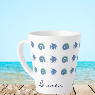 Taza De Café Latte Moda Casas de Pescado Azul y Blanco