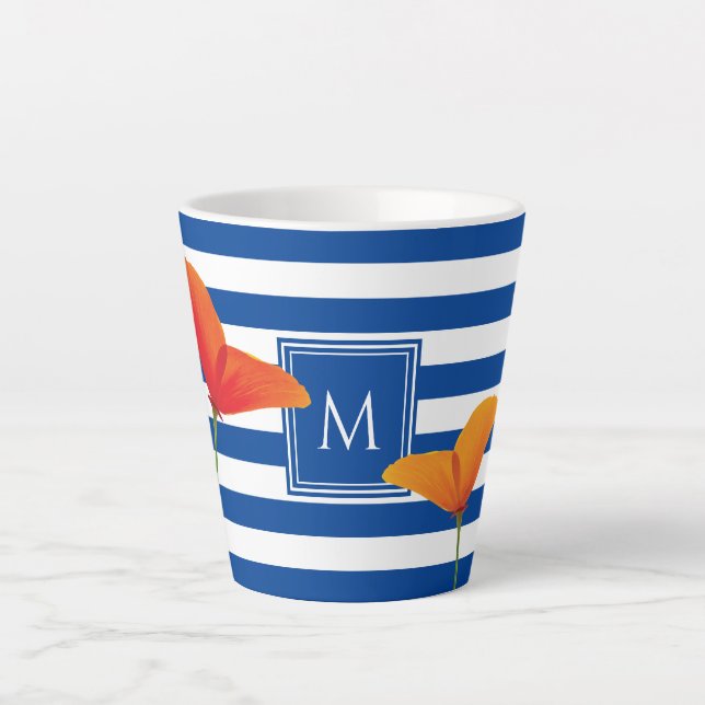Taza De Café Latte Moda de amapola Bandas Azules Monograma (Anverso)