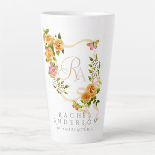 Taza De Café Latte Moda de cinta Rosa dorada Monograma blanco latte