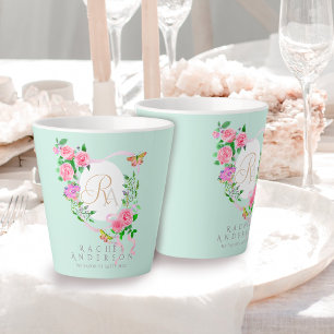 Taza De Café Latte Moda de cinta rosa rosa monograma azul latte