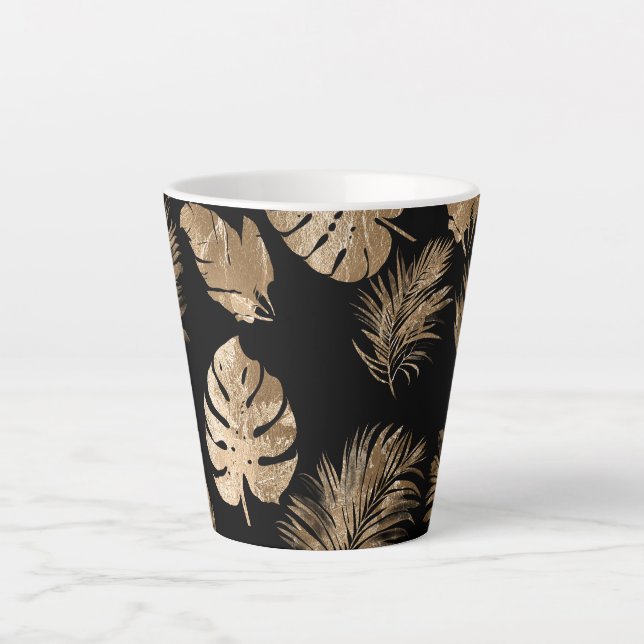 Taza De Café Latte Moda Hojas Tropicales de Oro Negro (Anverso)