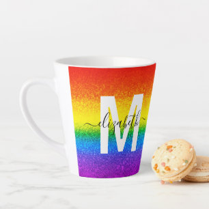 Taza De Café Latte Moda Iris Purpurina Stripe Monograma Nombre