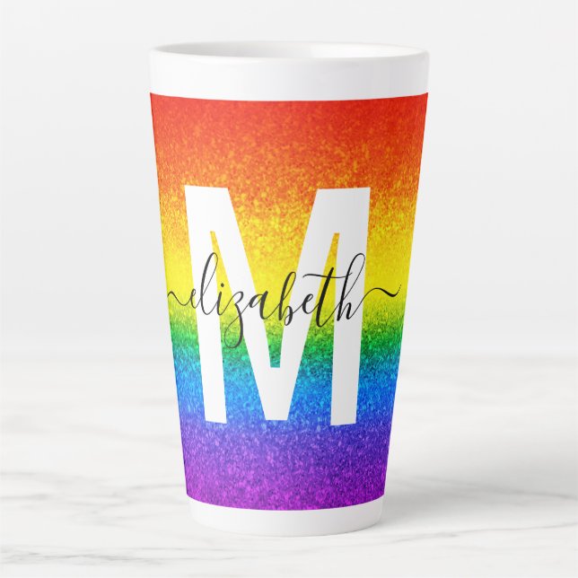 Taza De Café Latte Moda Iris Purpurina Stripe Monograma Nombre (Anverso)