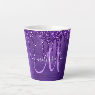 Taza De Café Latte Moda Purpurina de goteo morado Pincel Monograma Me