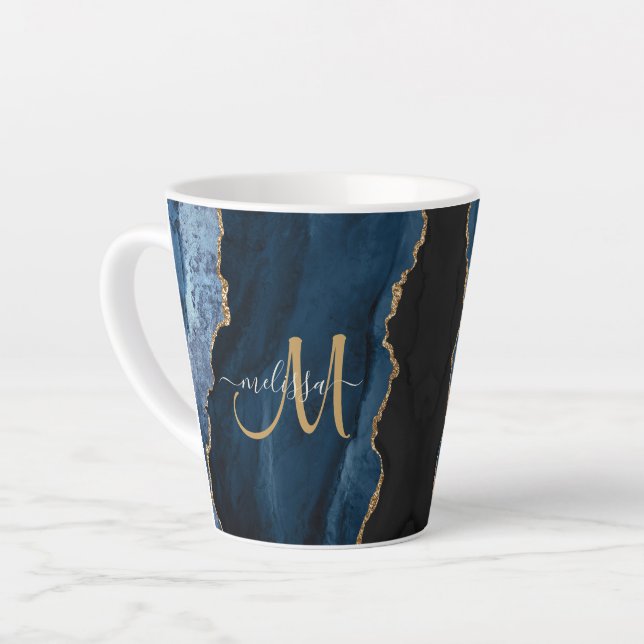 Taza De Café Latte Moda Purpurina de oro azul Agate Personalizado Mon (Ángulo izquierdo)