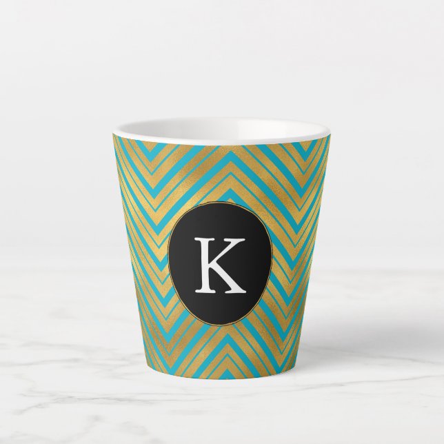 Taza De Café Latte Moda Turquoise Aqua Blue Gold Chevron Monograma (Anverso)