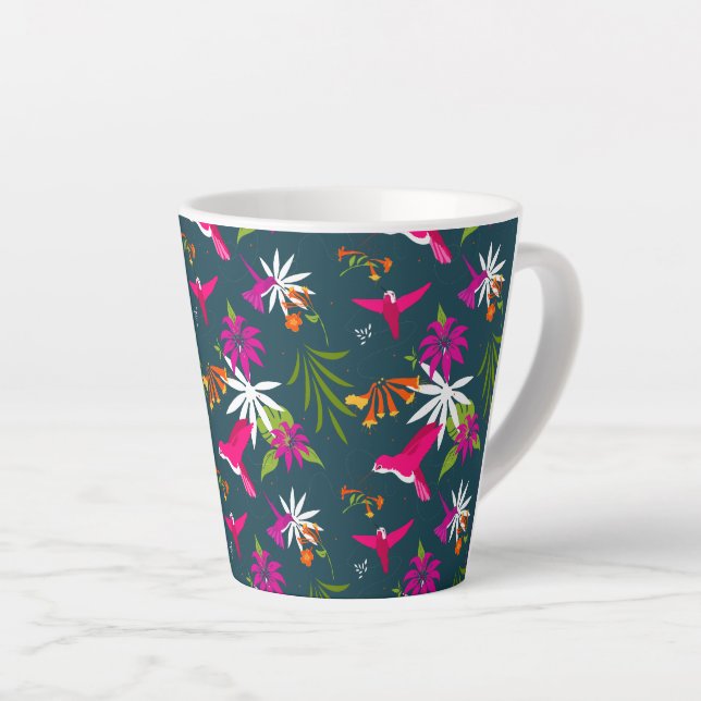 Taza De Café Latte Modelo de colibrí rosa morado Verde azulado tropic (Ángulo derecho)