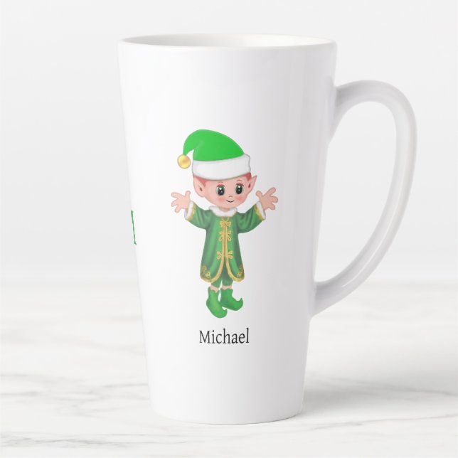 Taza De Café Latte Modern Good Luck Elf with Script and Monogram (Derecha)