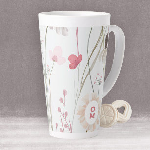 Taza De Café Latte Moderno Flor silvestre ligero Monograma Verde rosa