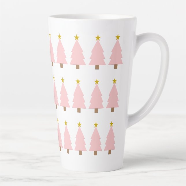Taza De Café Latte Moderno y elegante arte de árbol de Navidad rosa,  (Derecha)