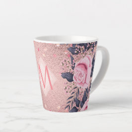 Taza De Café Latte MONOGRAM floral azul rosado giratorio giratorio de