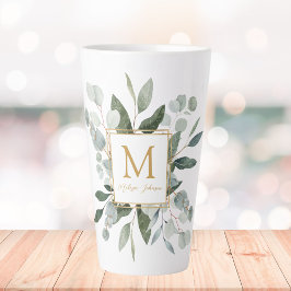 Taza De Café Latte Monogram Watercolor Tropical Green Leaves