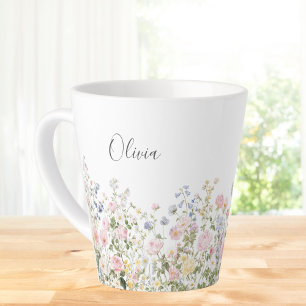 Taza De Café Latte Monograma Acuarela Flores Rosas Azules Floral 