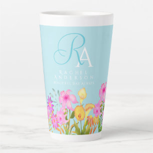 Taza De Café Latte Monograma azul del jardín floral