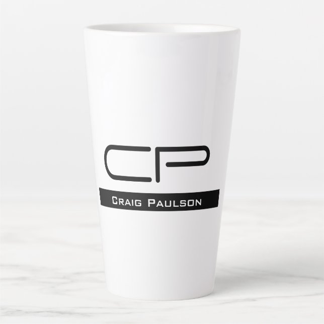 Taza De Café Latte Monograma blanco negro Nombre moderno sencillo (Anverso)