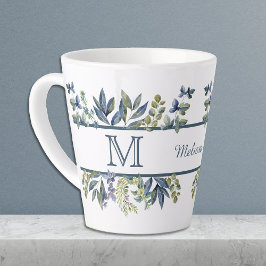 Taza De Café Latte Monograma de borde de hojas azules índigo