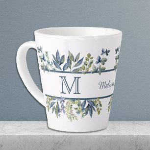 Taza De Café Latte Monograma de borde de hojas azules índigo